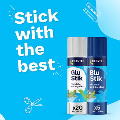 Bostik Glu & Blu Stick Back to School Bundle (20 Glu Sticks & 5 Blu Sticks)