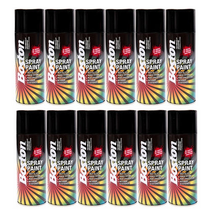 Boston Gloss Black Spray Paint Can 250g High Gloss Rust Protection (12 Cans)