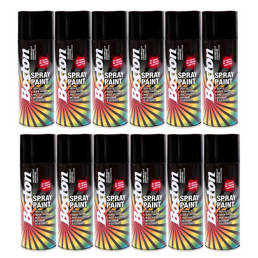 12x Boston Matt Black Spray Paint Cans 250g