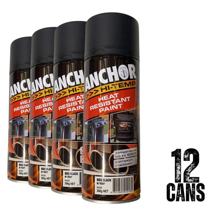 12 Cans | ANCHOR HI TEMP HEAT RESISTANT PAINT 54329  | Up to 600° | 300g - MATTE BBQ BLACK - South East Clearance Centre