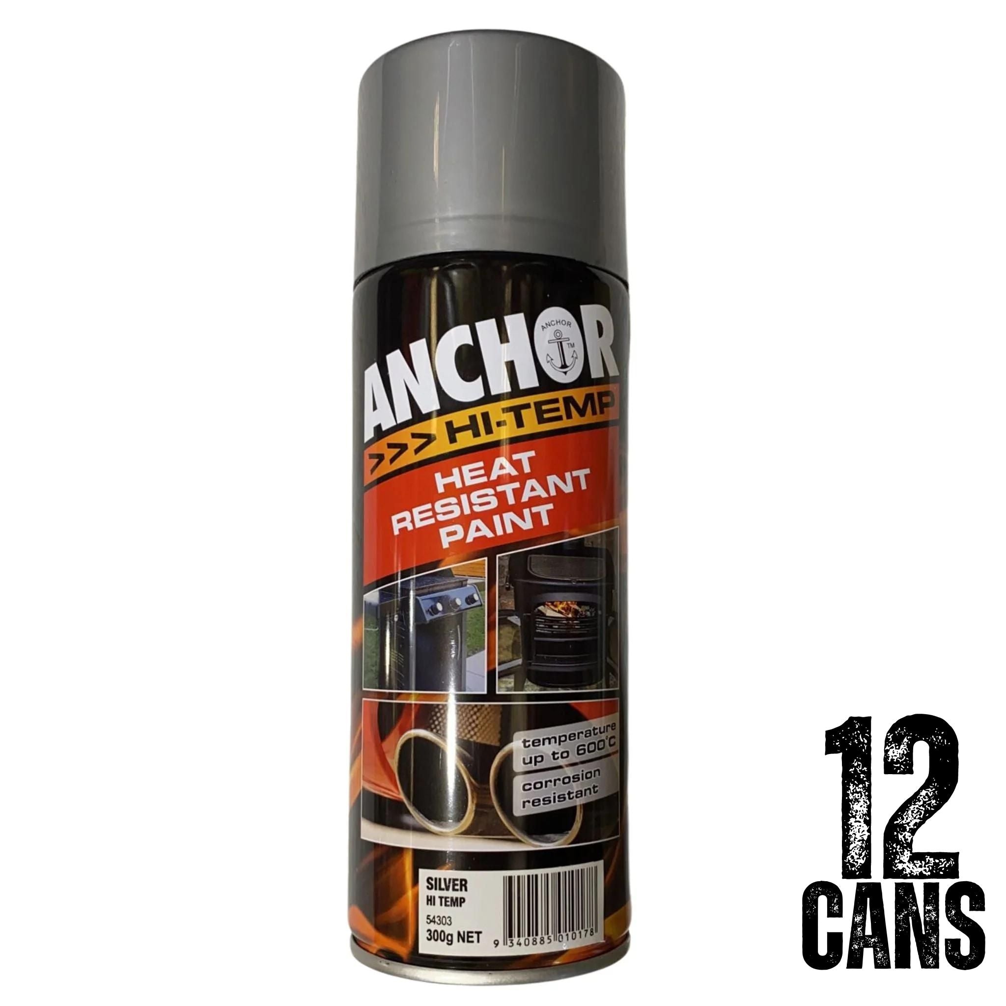 12 Cans | ANCHOR Hi Temp Heat Resistant Paint Up to 600° 54303 | 300g - SILVER - South East Clearance Centre