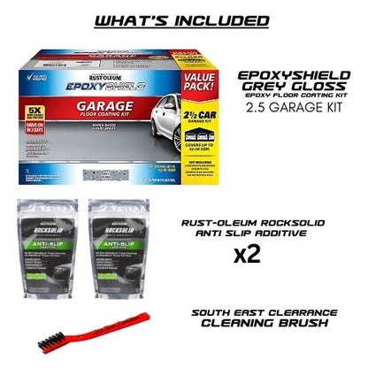 Rust-Oleum Grey Gloss EpoxyShield 2.5 Car Concrete And Garage Floor Coating Kit Anti Slip & Brush Bundle