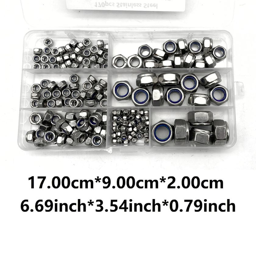 170 piece Hexagon Lock Nuts Nylon Insert Stainless Steel Stop Nut Assortment Kit - metric