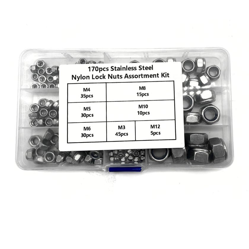 170 piece Hexagon Lock Nuts Nylon Insert Stainless Steel Stop Nut Assortment Kit - metric