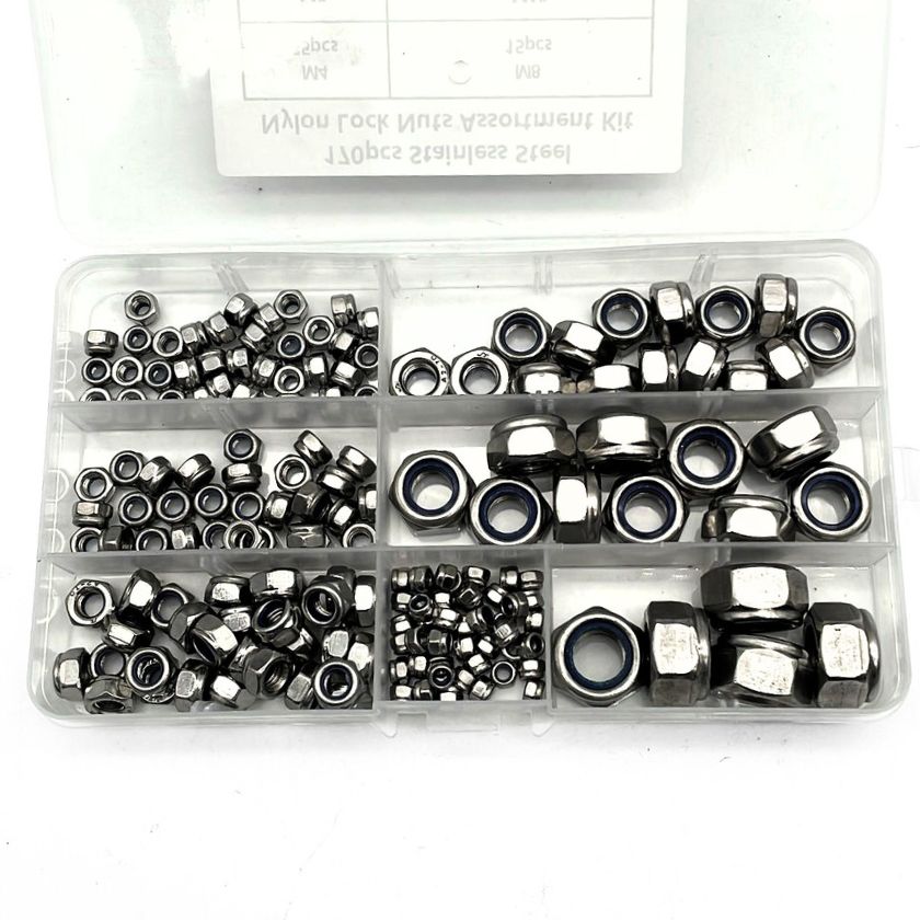 170 piece Hexagon Lock Nuts Nylon Insert Stainless Steel Stop Nut Assortment Kit - metric