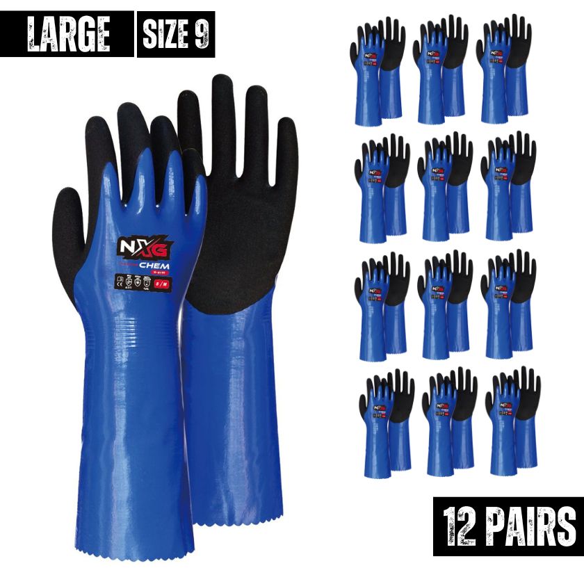 (12 Pairs) 8190-09 NXG CHEM Blue Nitrile, Nylon Abrasion Resistant, Chemical Resistant, Extra Grip Work Gloves, Nitrile Coating