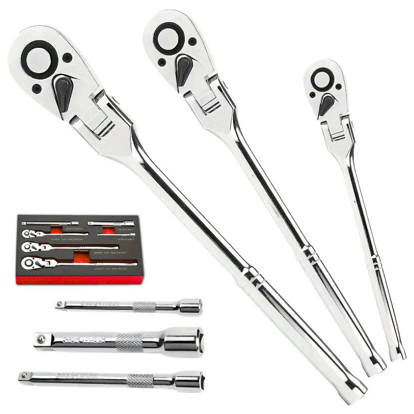 6 Piece Flex Ratchet Set 72-Tooth Swivel Wrench, 1/4", 3/8", 1/2" Drive