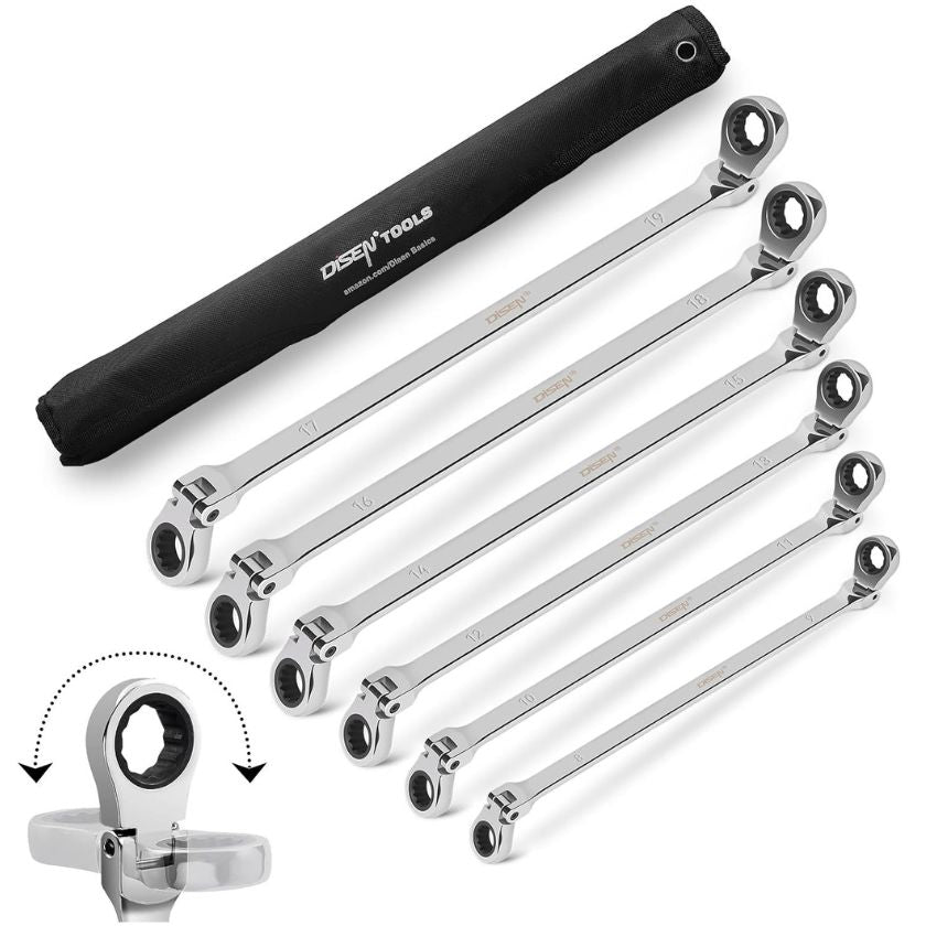 Extra Long Flex Head Ratcheting Wrench 6 Piece Set, 8-19mm