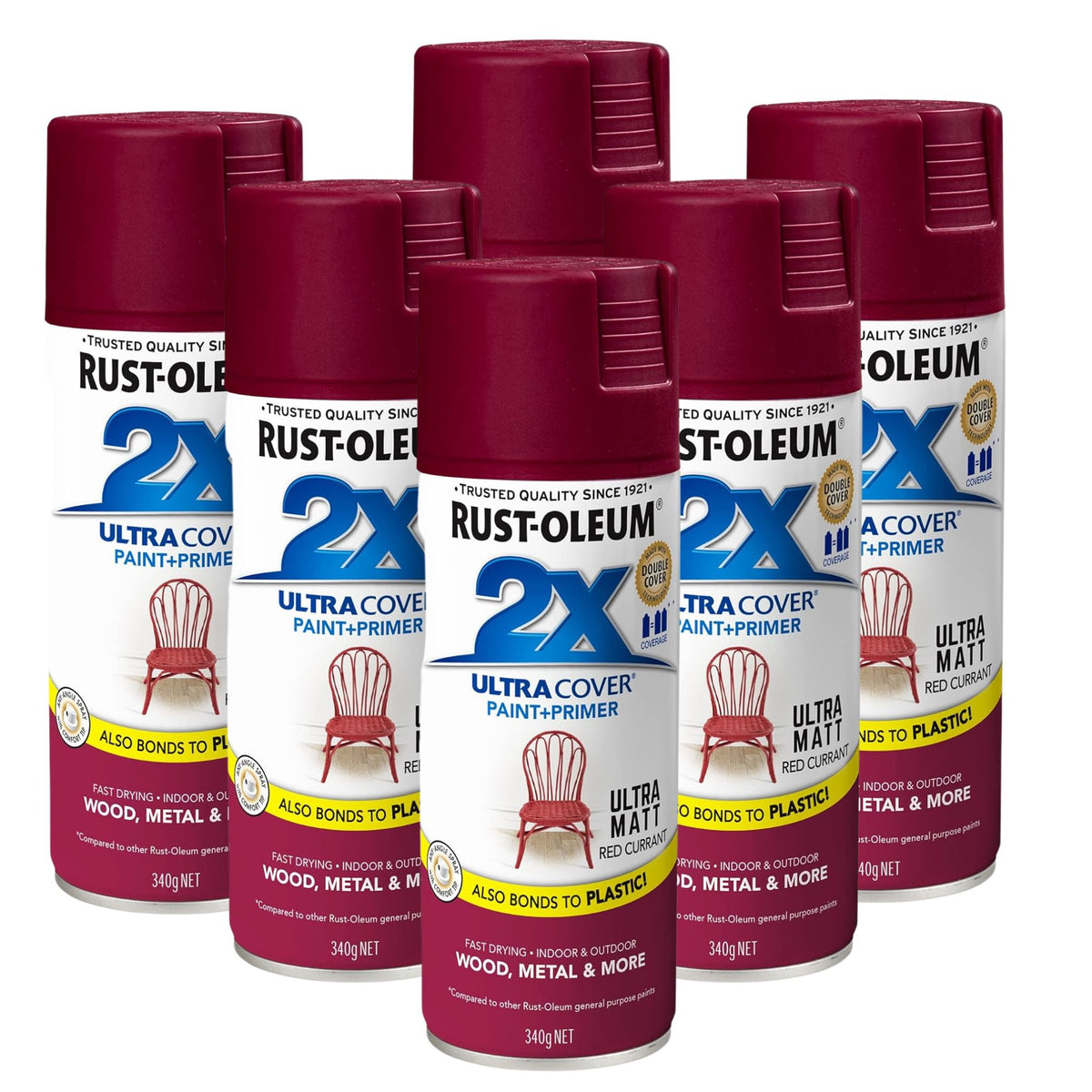 Rust Oleum 2X Ultra Cover Matt Spray, Red Currant, 340 g,  357853 (6 cans) - South East Clearance Centre