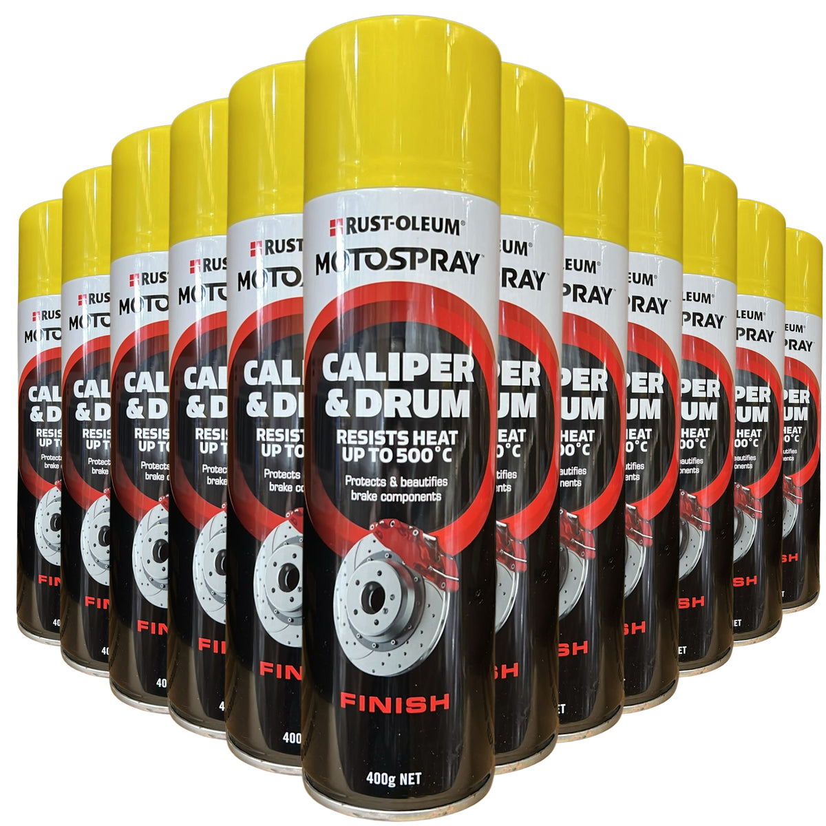 RUSTOLEUM MOTOSPRAY BRAKE CALIPER &amp;amp; DRUM PAINT (UP TO 500C / 932F) BRIGHT YELLOW 400G CP4003 (12 Cans) - South East Clearance Centre