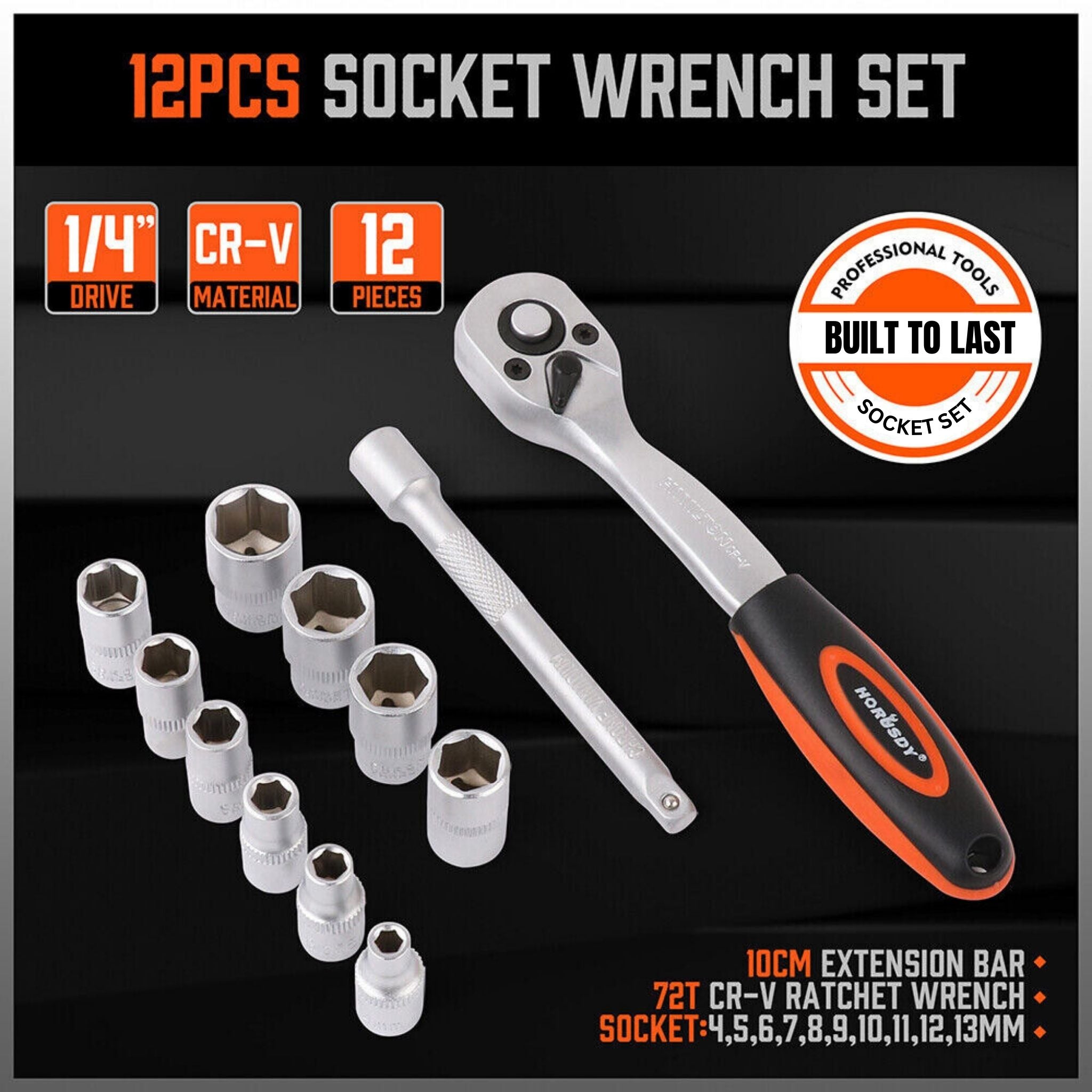 3/8" Socket Wrench Set with Ratchet & Extension Bar | 12 Pieces | 6-15mm - South East Clearance Centre