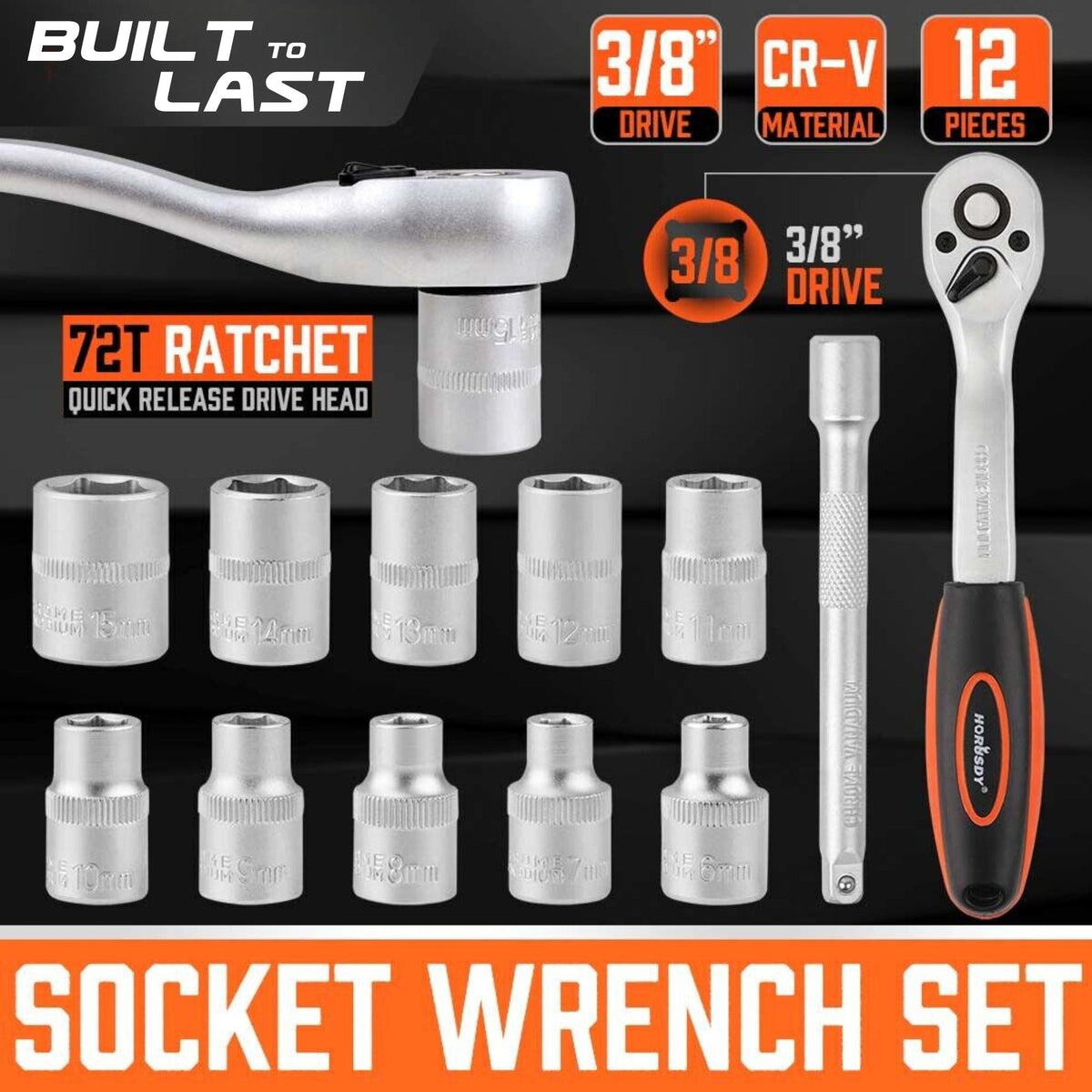 3/8&quot; Socket Wrench Set with Ratchet &amp; Extension Bar | 12 Pieces | 6-15mm - South East Clearance Centre