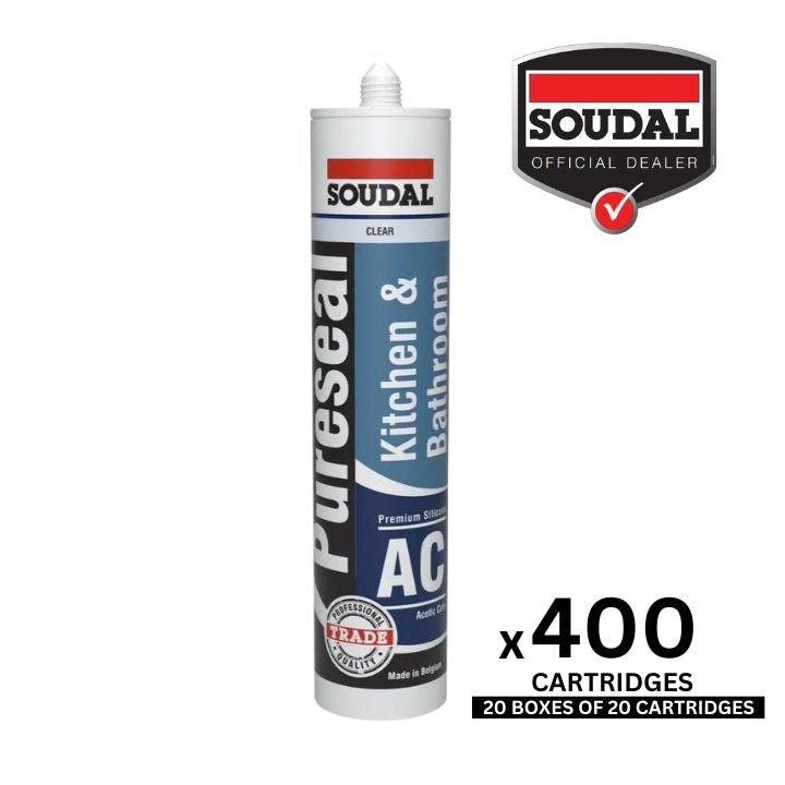 (400 Pack) Soudal Pureseal Acetic Cure Kitchen & Bathroom Silicone Clear