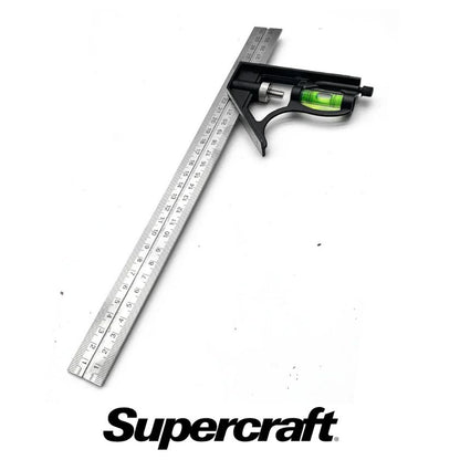 Supercraft 11.8" / 300mm Stainless Metric & Imperial Engineers Square Adjustable Combination Set Square + Spirit Level