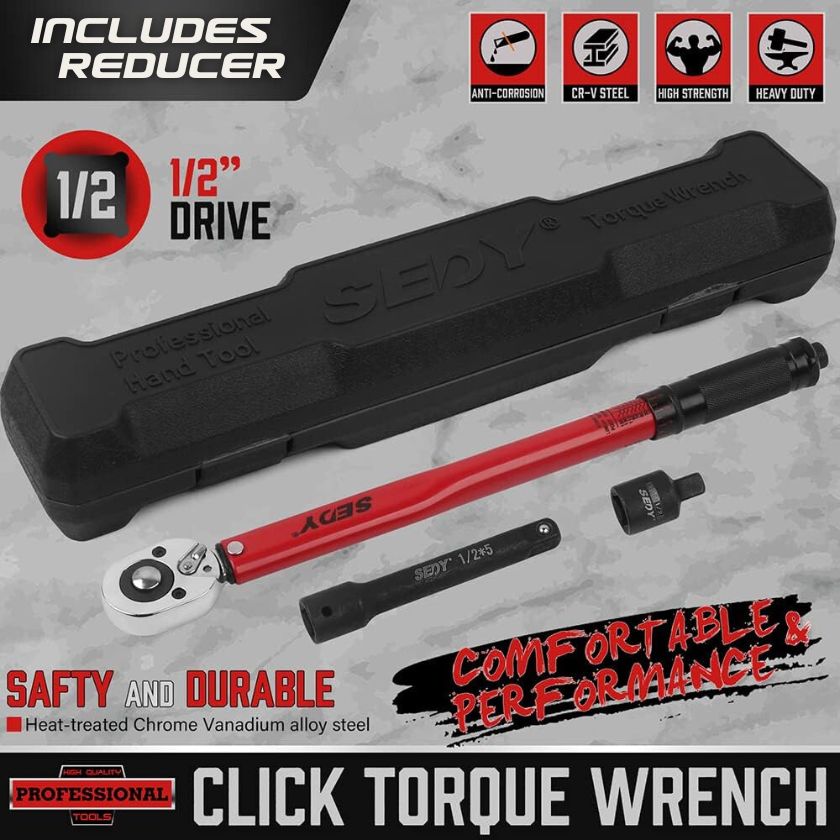 1/2-inch Drive Click Torque Wrench 1/2 Drive - Precision 10-150 ft.lb/13.6-203.5Nm Range, Ratcheting Head with Secure Locking Mechanism, Adapter &amp; Extension