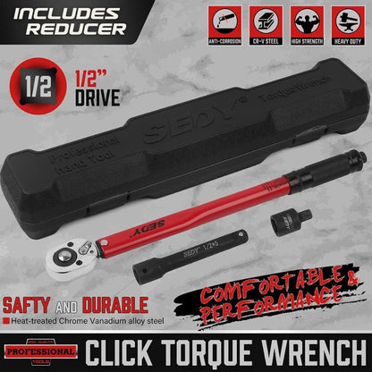 1/2-inch Drive Click Torque Wrench 1/2 Drive - Precision 10-150 ft.lb/13.6-203.5Nm Range, Ratcheting Head with Secure Locking Mechanism, Adapter & Extension