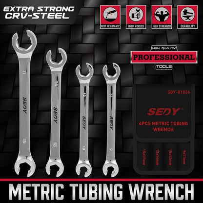 4 Piece Flare Nut Tubing Wrench Set, Metric, Offset End Spanners