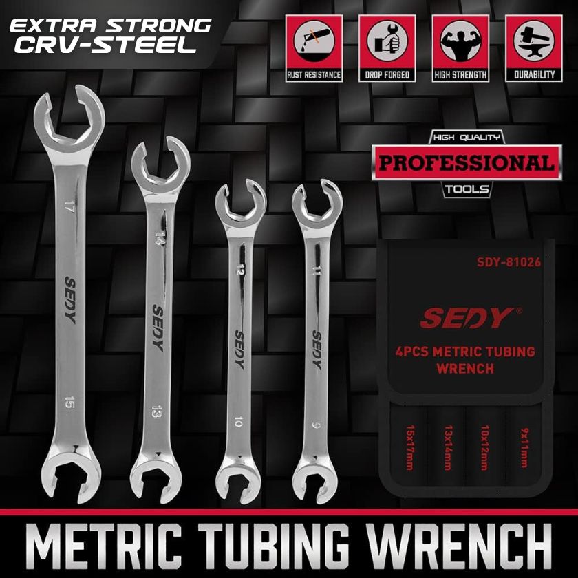 4 Piece Flare Nut Tubing Wrench Set, Metric, Offset End Spanners