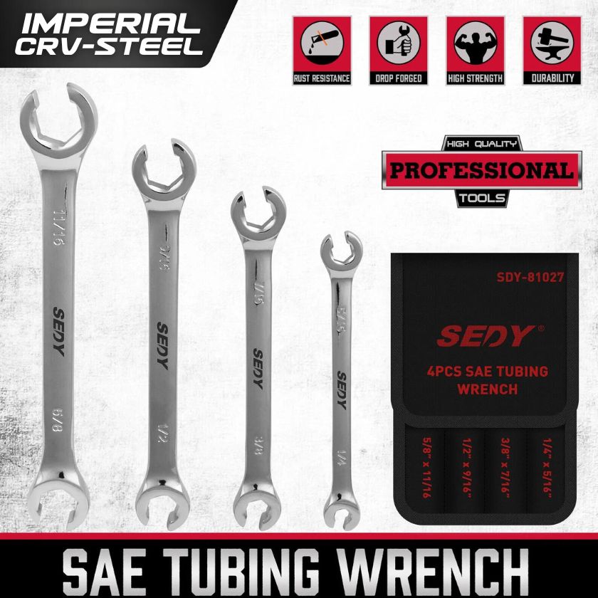 4 Piece Imperial Flare Nut Tubing Wrench Set, SAE Imperial, Offset Head