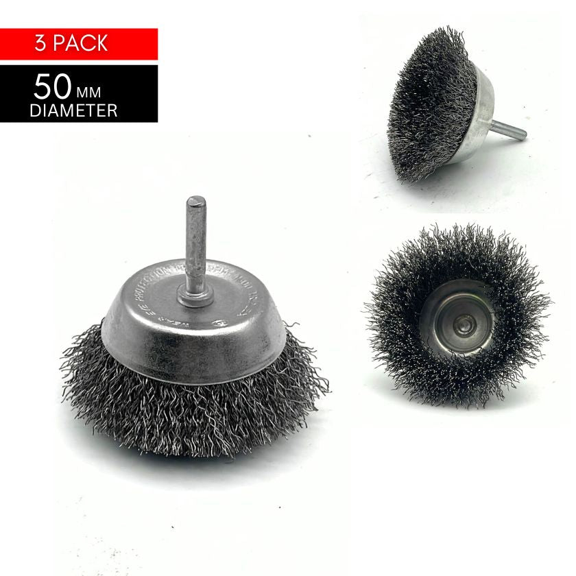 (3 Pack) Crimp Wire Spindle Mounted Cup Brush (50mm)