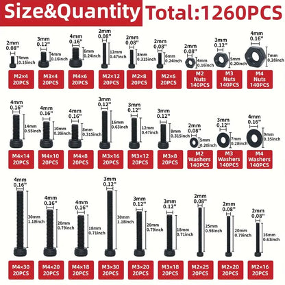 1260 Piece Carbon Steel Metric Bolts and Nuts Kit, Grade 12.9 Hex Socket Head Cap Screws, Hexagonal Nut Assortment with Flat & Lock Washers Assortment Kit