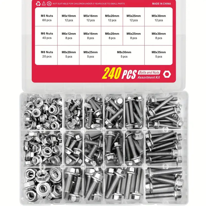 240 Piece Stainless Steel Hex Flange Bolt Trim &amp; Nut Set Assortment Kit