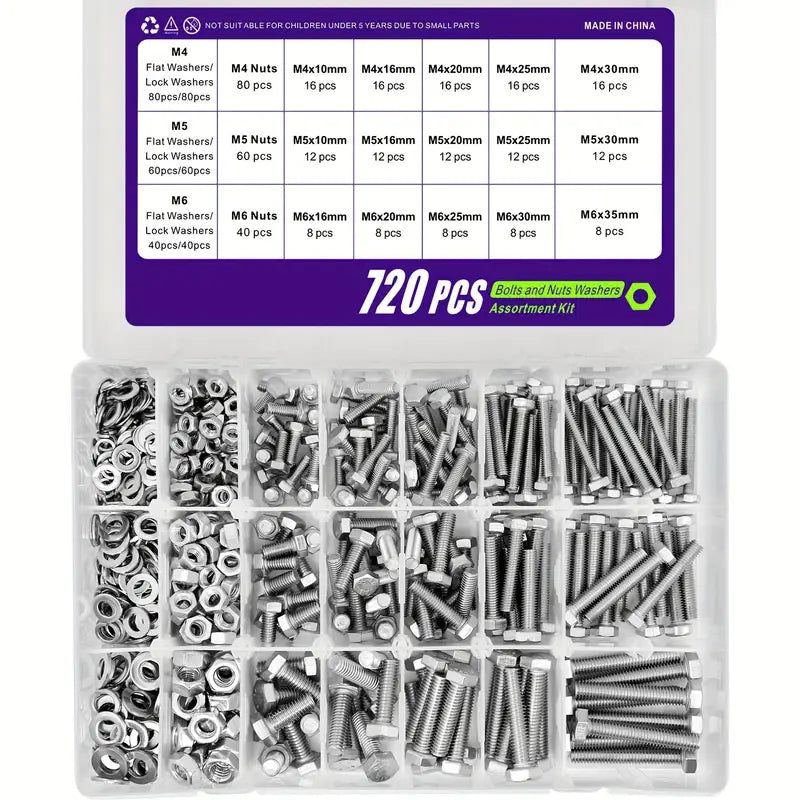 720 Piece Stainless Steel Bolts, Nut &amp; Washer Assortment Kit, M4, M5, M6