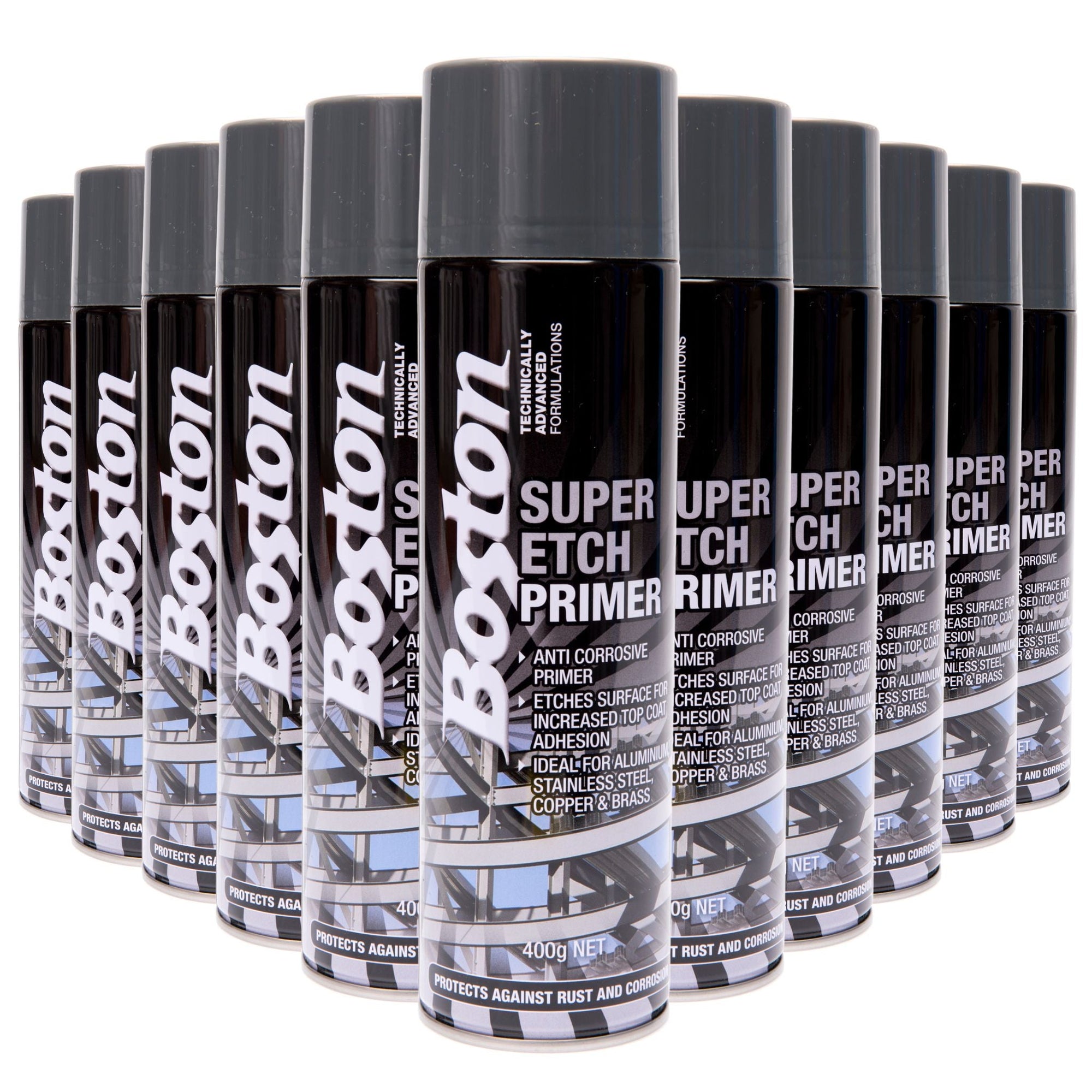 Boston Super Etch Primer – Grey (12 Cans) | High-quality, fast-drying metal primer for superior adhesion and corrosion resistance on galvanized steel, aluminium, and other metal surfaces. (12 Cans)