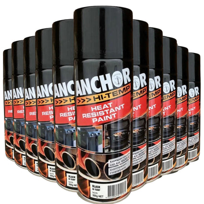 12 Cans | ANCHOR 54376 HI TEMP HEAT RESISTANT PAINT  | Up to 600° | 300g - BLACK - South East Clearance Centre