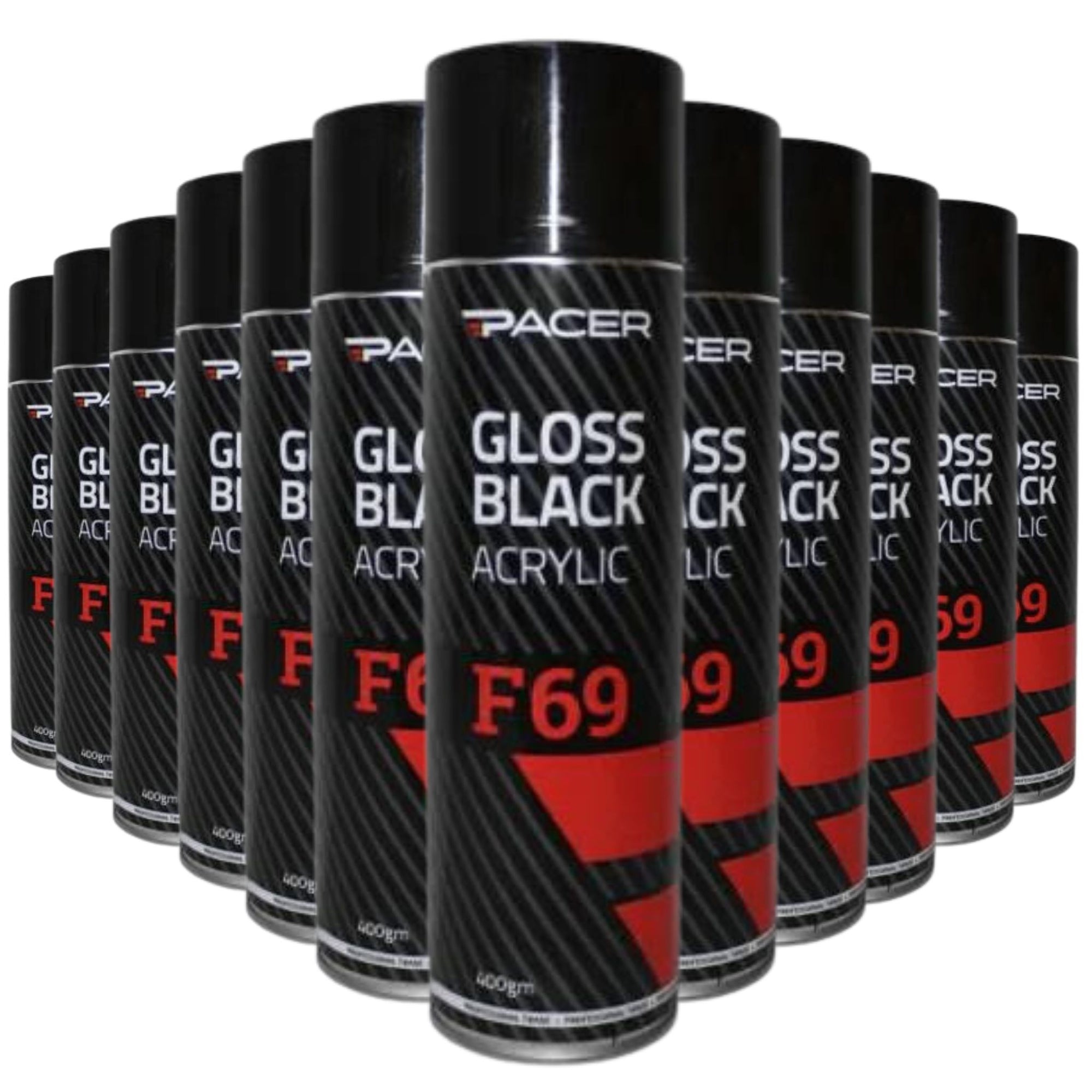 12 CANS | PACER F69 GLOSS BLACK ACRYLIC 400G SPRAY- GB400 - South East Clearance Centre