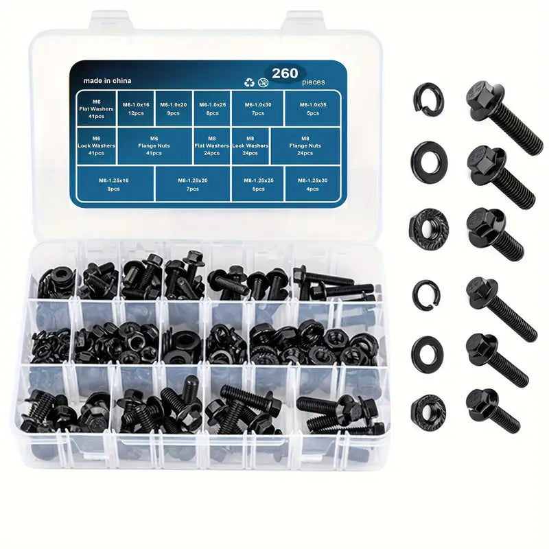 260 Piece High Strength Black Carbon Steel Flanged Hex Head Screw &amp; Bolt Assortment Kit, M6-M8