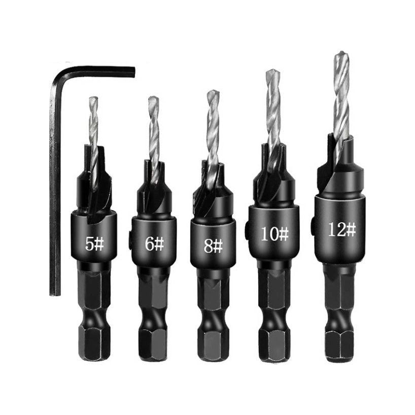 5 Piece Set Titanium coating Countersink Drill Woodworking Drill Bit Set Drilling Pilot Holes For Screw Sizes #5 #6 #8 #10 #12