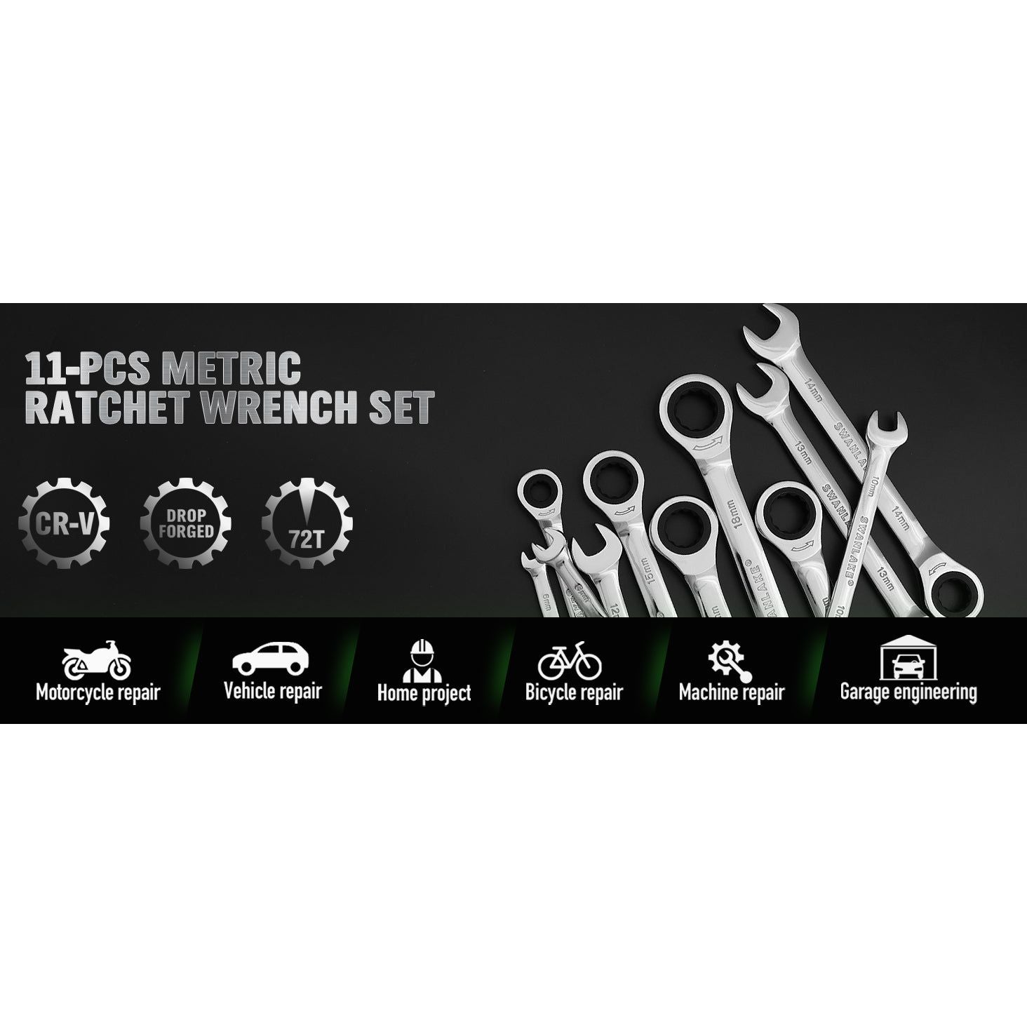 Ratcheting Wrench Set, 11-piece Metric Combination Wrench Set with Pouch CR-V Steel (11PCS METRIC)