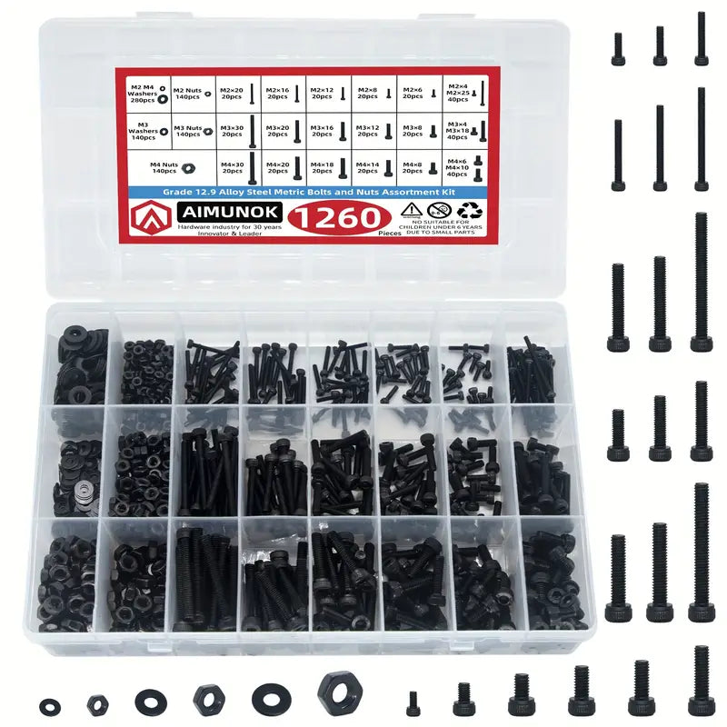 1260 Piece Carbon Steel Metric Bolts and Nuts Kit, Grade 12.9 Hex Socket Head Cap Screws, Hexagonal Nut Assortment with Flat &amp; Lock Washers Assortment Kit