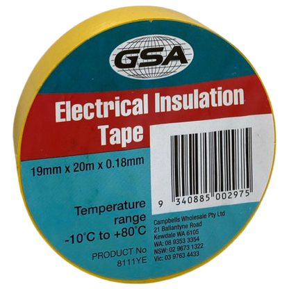 GSA Electrical Tape - Yellow, 0.18mm x 19mm x 20m, Pack of 10. High-strength, flame-retardant tape for insulation and electrical wiring.
