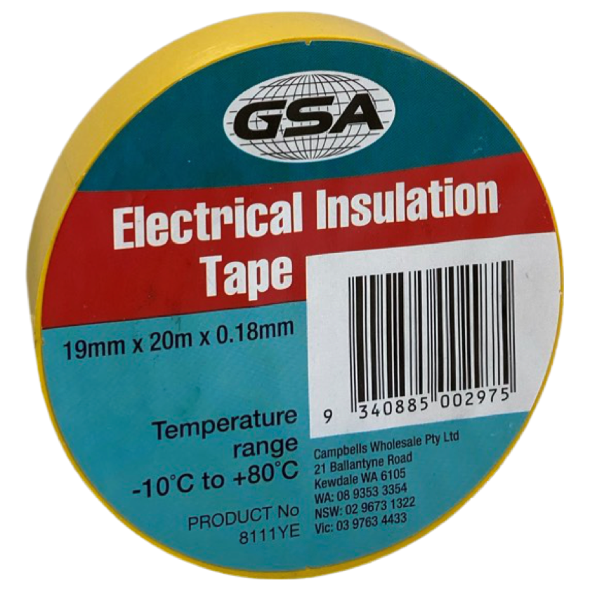 GSA Electrical Tape - Yellow, 0.18mm x 19mm x 20m, Pack of 10. High-strength, flame-retardant tape for insulation and electrical wiring.
