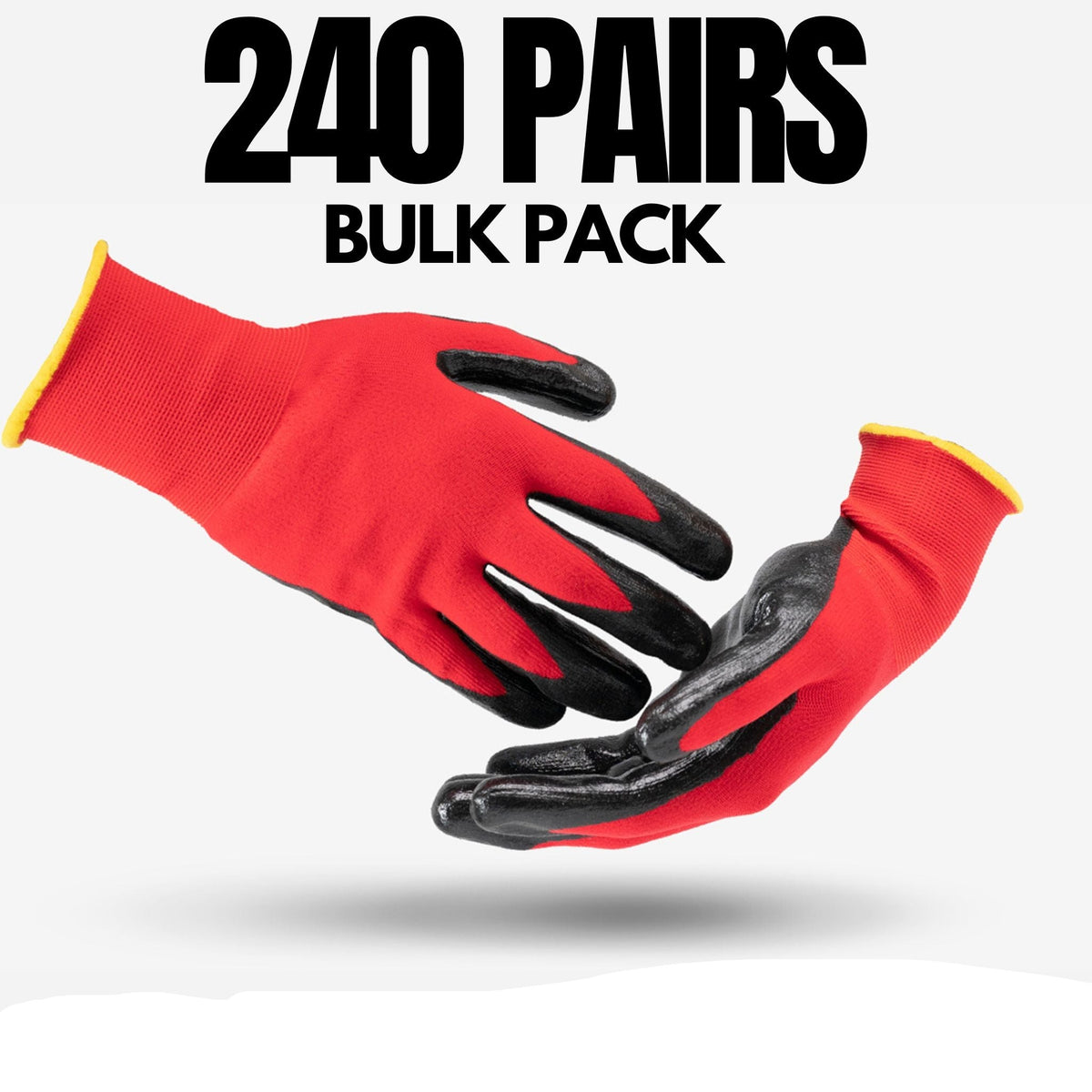 240 pairs of nitrile-coated nylon work gloves, size 10 (XL), suitable for gardening, construction, and various trades.