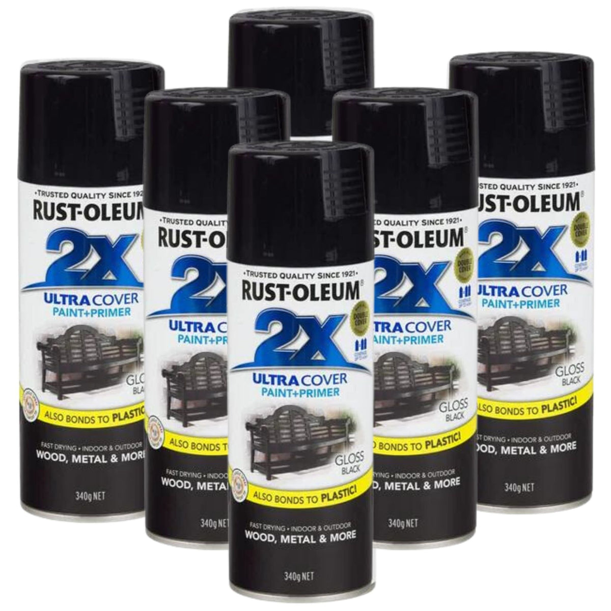 6 Cans | RUST-OLEUM 2X Gloss Paint &amp; Primer Spray Paint 340g Gloss Black 276315 - South East Clearance Centre