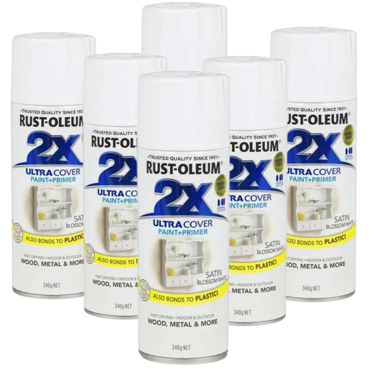 6 Cans | RUST-OLEUM 2X Gloss Paint &amp; Primer Spray Paint 340g | 276316 Satin Blossom White - South East Clearance Centre