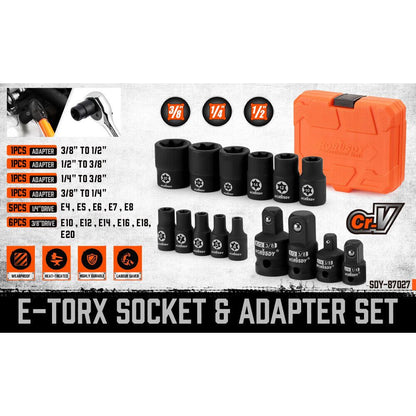 15 Piece E-Torx Female Adapter Socket Set | 1/2" 1/4" 3/8" - South East Clearance Centre