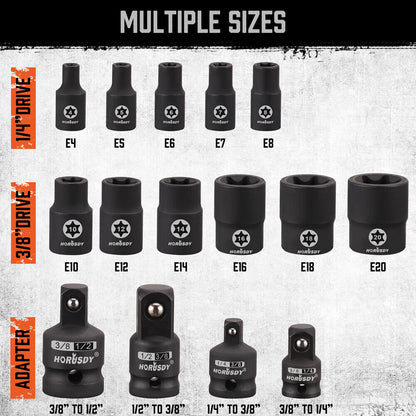 15 Piece E-Torx Female Adapter Socket Set | 1/2" 1/4" 3/8" - South East Clearance Centre