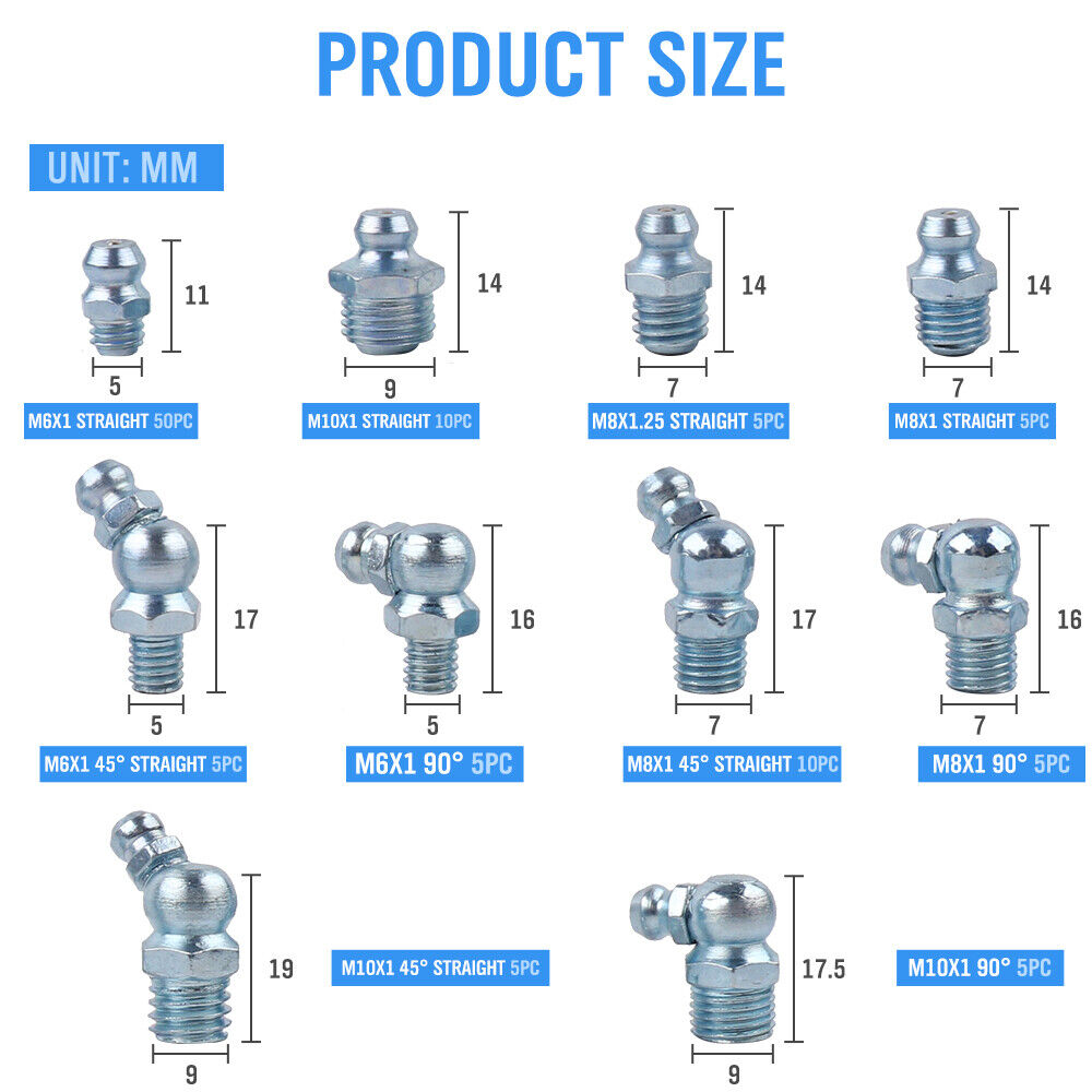 110 piece Metric Hydraulic Grease Nipple Mechanical Lubricant Fitting Assortment Kit - South East Clearance Centre