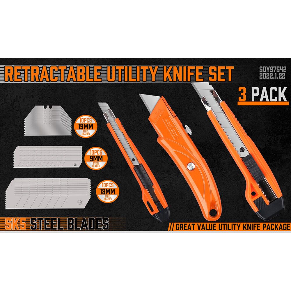 3 Pack Retractable Utility Knife Set Box Cutter Razor Knife SK5 Blades - South East Clearance Centre