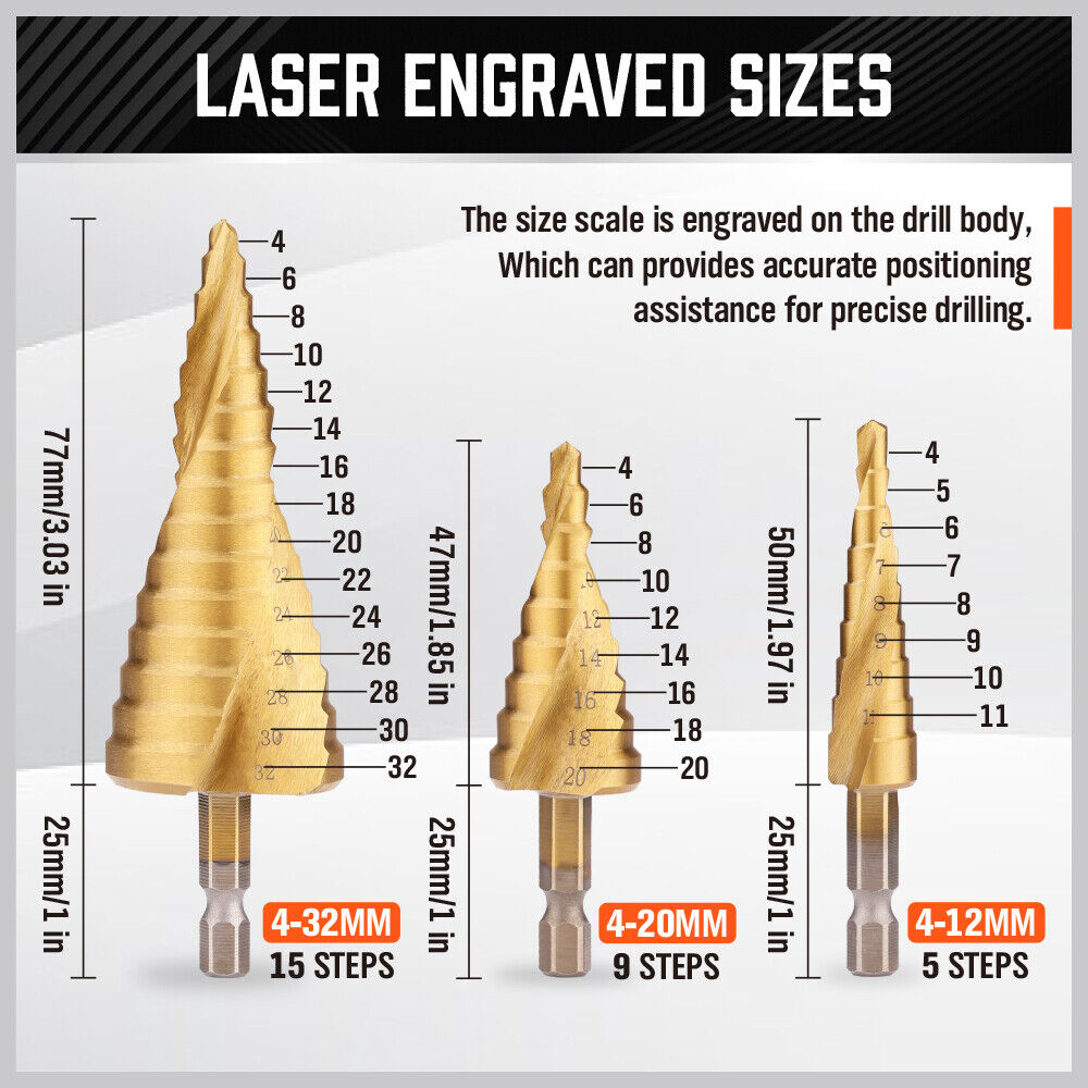 Spiral Step Drill 3 Piece Set | 1/4" | 4-12mm/4-20mm/4-32mm - South East Clearance Centre