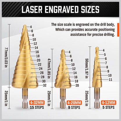 Spiral Step Drill 3 Piece Set | 1/4" | 4-12mm/4-20mm/4-32mm - South East Clearance Centre