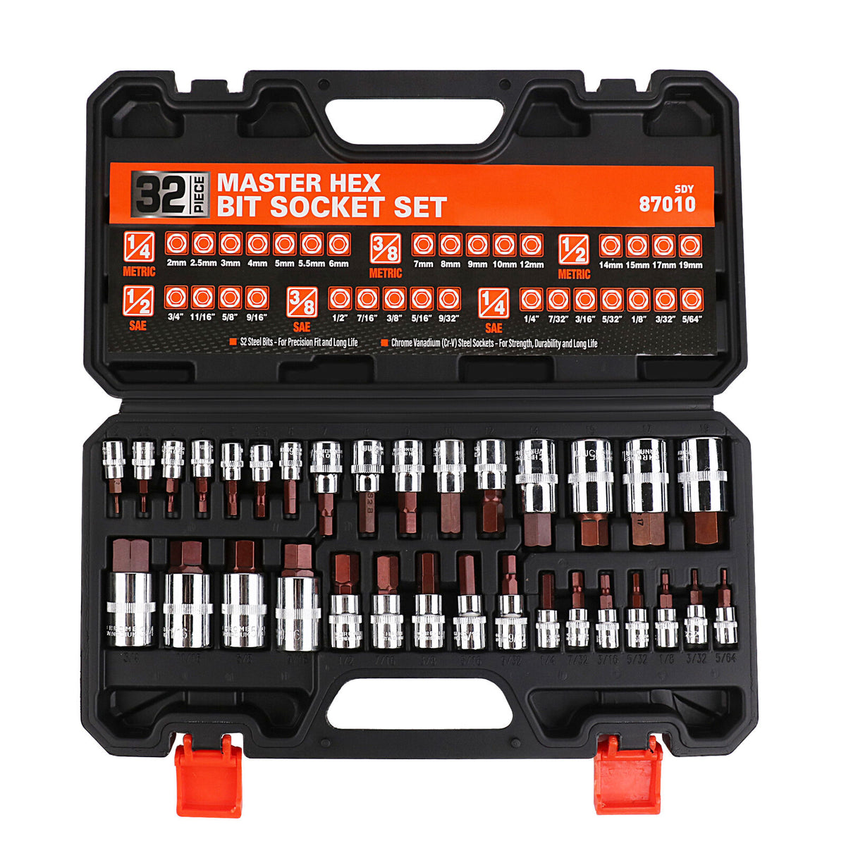 32Pcs Hex Bit Socket Set S2 Steel Allen Key 1/4&quot; 3/8&quot; 1/2&quot; Drive SAE &amp; Metric - South East Clearance Centre