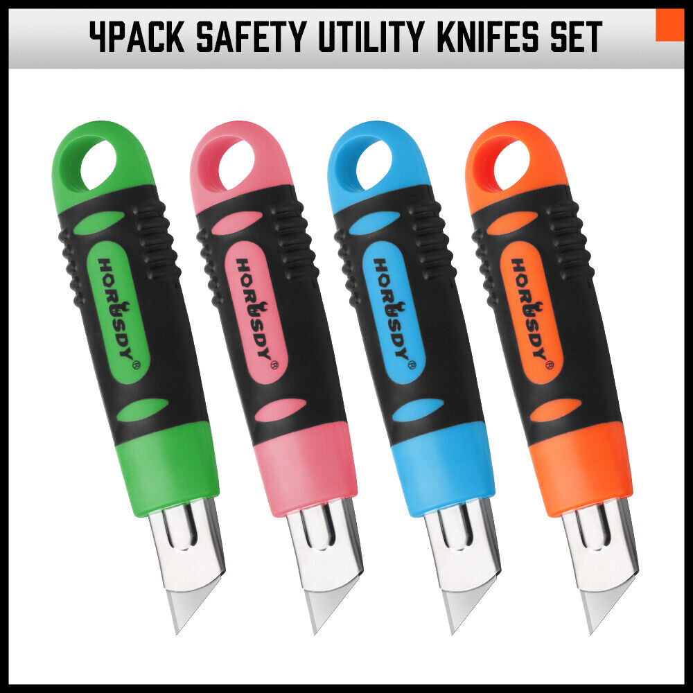 4 Pack Box Cutters, Snap Retractable Safety Utility Knives with 10 Spare blads - South East Clearance Centre