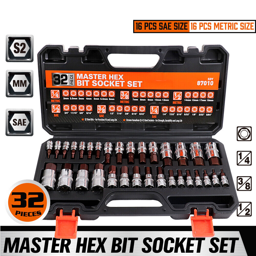 32Pcs Hex Bit Socket Set S2 Steel Allen Key 1/4" 3/8" 1/2" Drive SAE & Metric - South East Clearance Centre