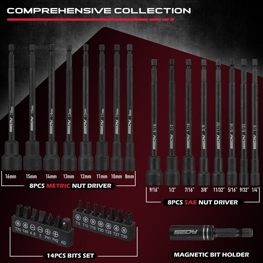 31Pcs Nut Driver Impact Bit Set Magnetic 1/4 inch Hex Shank Bit Tool S2 Adapter - South East Clearance Centre