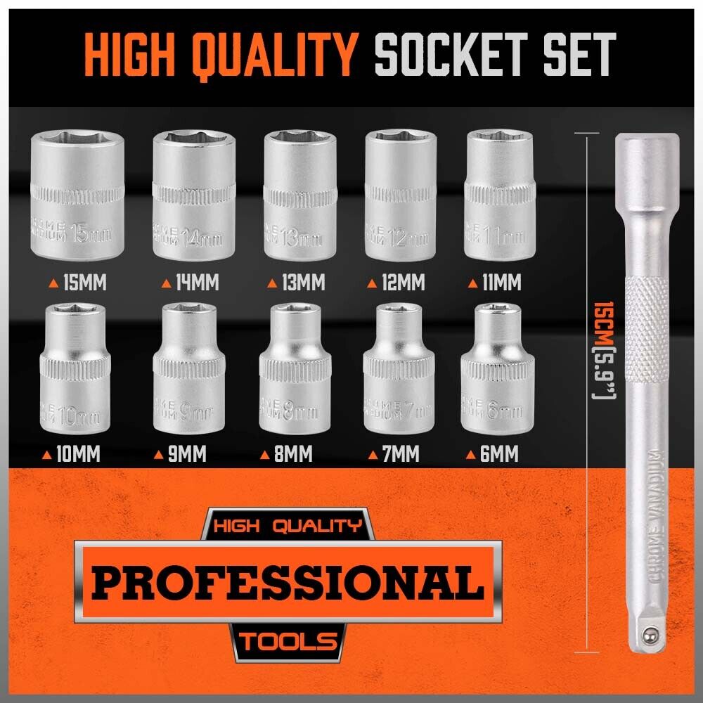 3/8" Socket Wrench Set with Ratchet & Extension Bar | 12 Pieces | 6-15mm - South East Clearance Centre